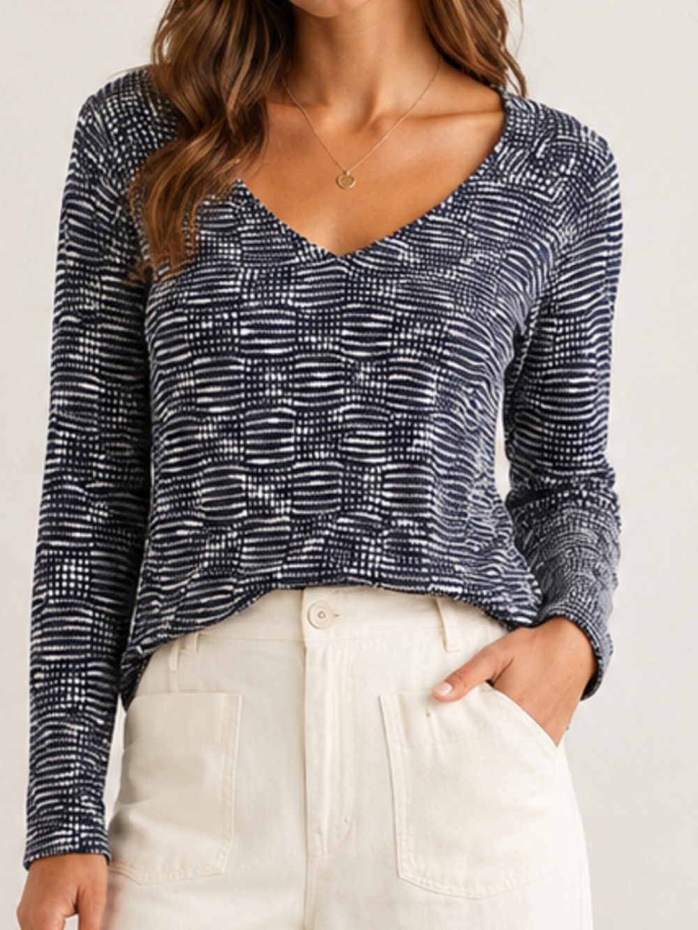 ANTHROPOLOGIE Sanctuary Navy Cream Basketweave Geometric V-Neck Knit Top XS
